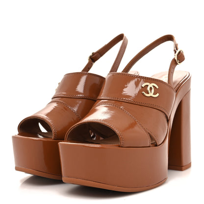 Chanel Crumpled Patent Lambskin Platform Sandals 36 Light Brown 3 of 8
