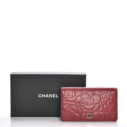 Chanel Lambskin Camellia Embossed Yen Wallet Dark Red 9 of 9
