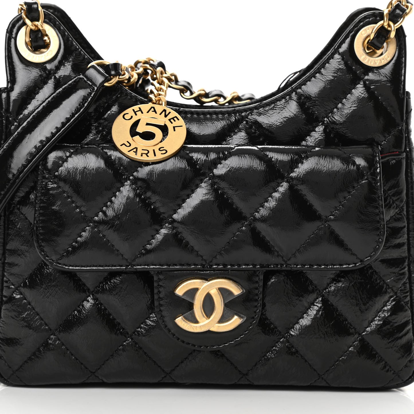 Shiny Crumpled Calfskin Quilted Small Wavy CC Hobo Black