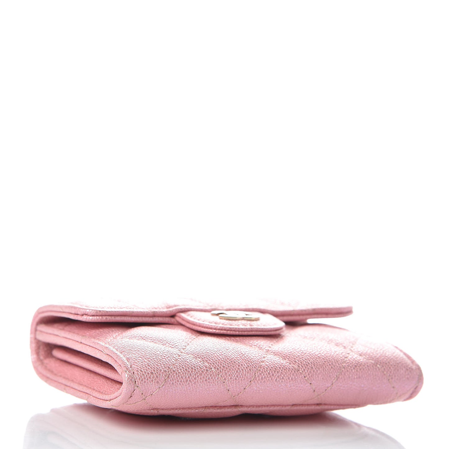 Iridescent Caviar Flap Quilted Card Holder Wallet Pink
