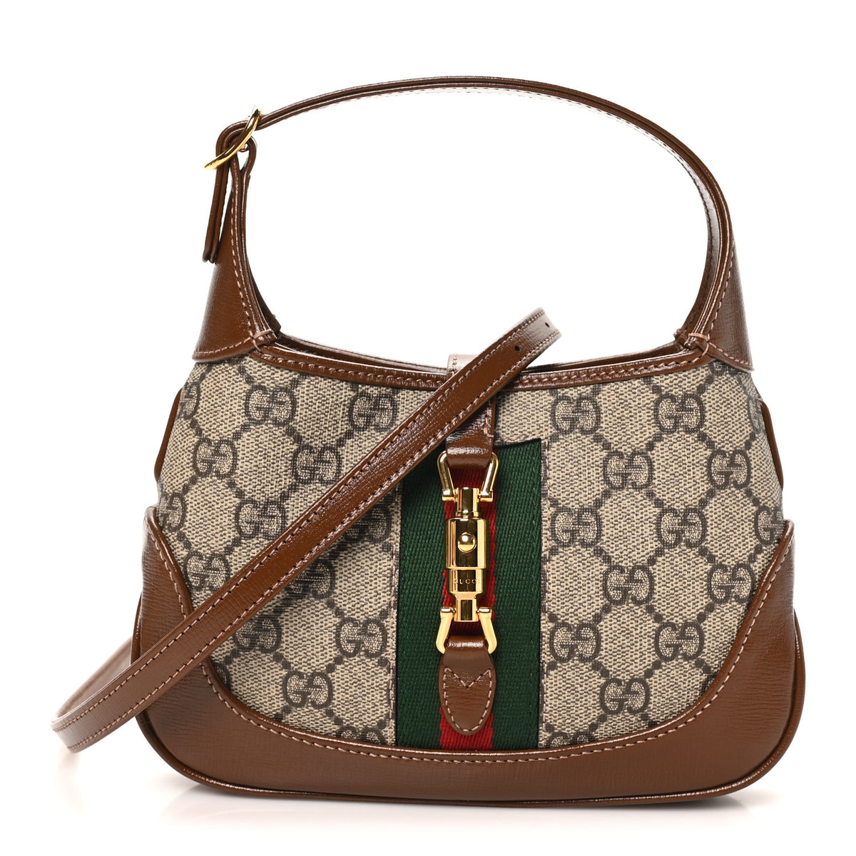 GG Supreme Monogram Azalea Calfskin Web Mini Jackie 1961 Hobo Beige Ebony Brown Sugar