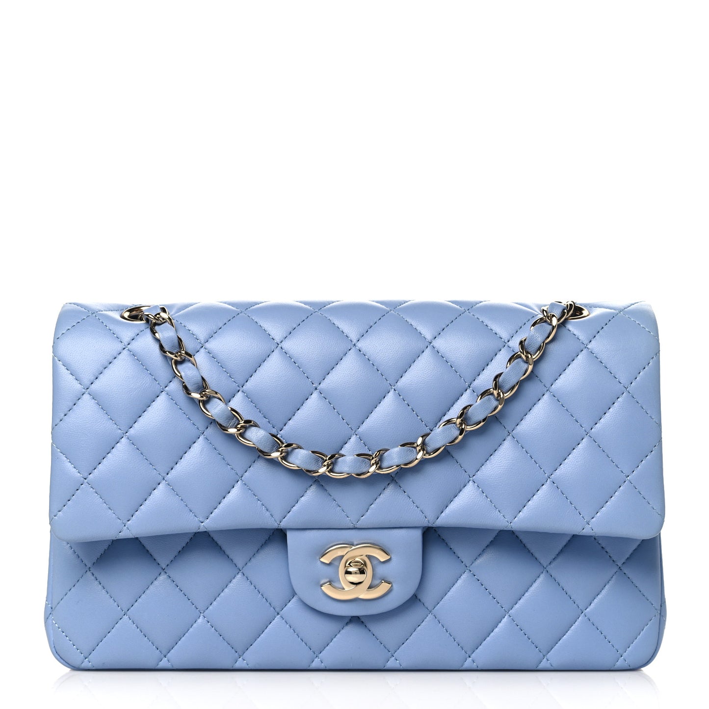 Lambskin Quilted Medium Double Flap Light Blue