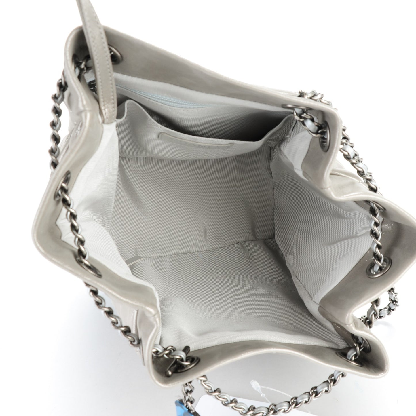 Iridescent Calfskin Chevron Small Urban Spirit Drawstring Bag Silver