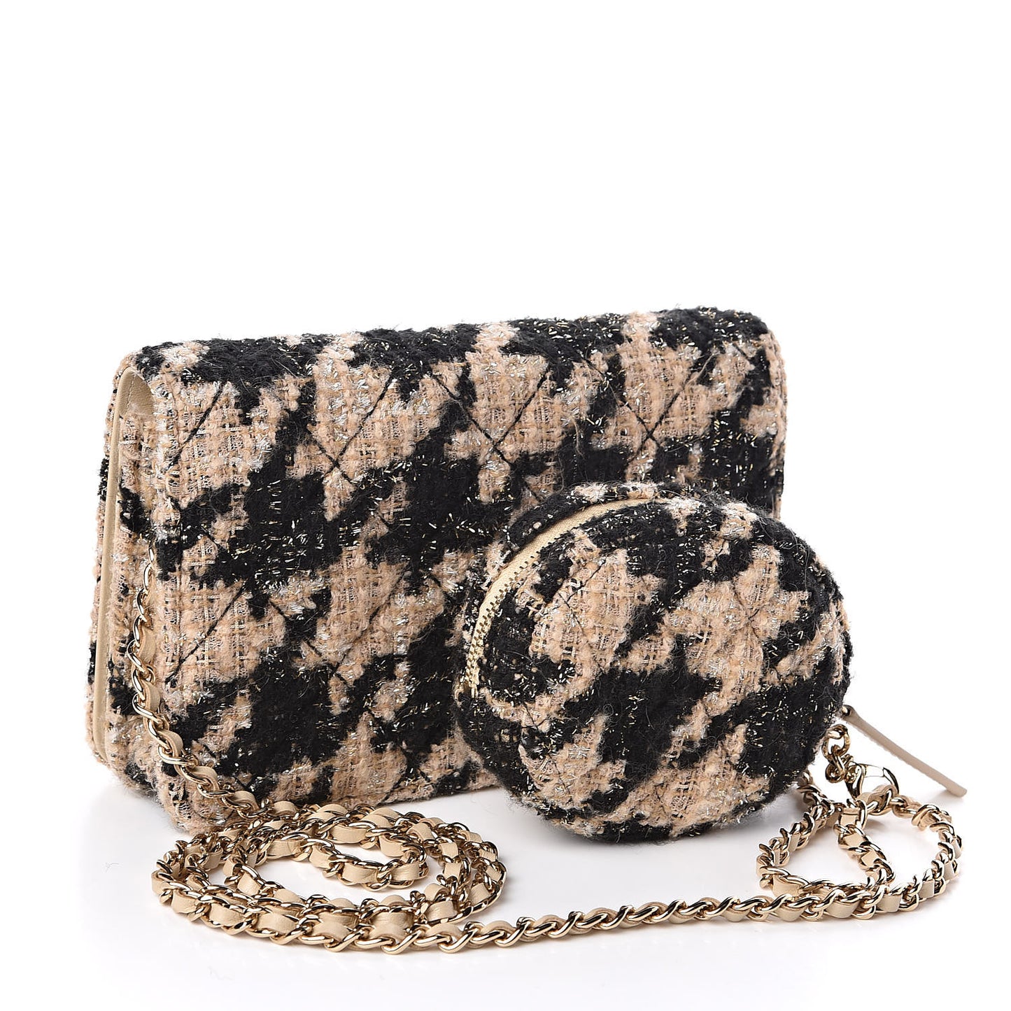 Tweed Shearling Quilted Wallet On Chain WOC and Coin Purse Beige Black