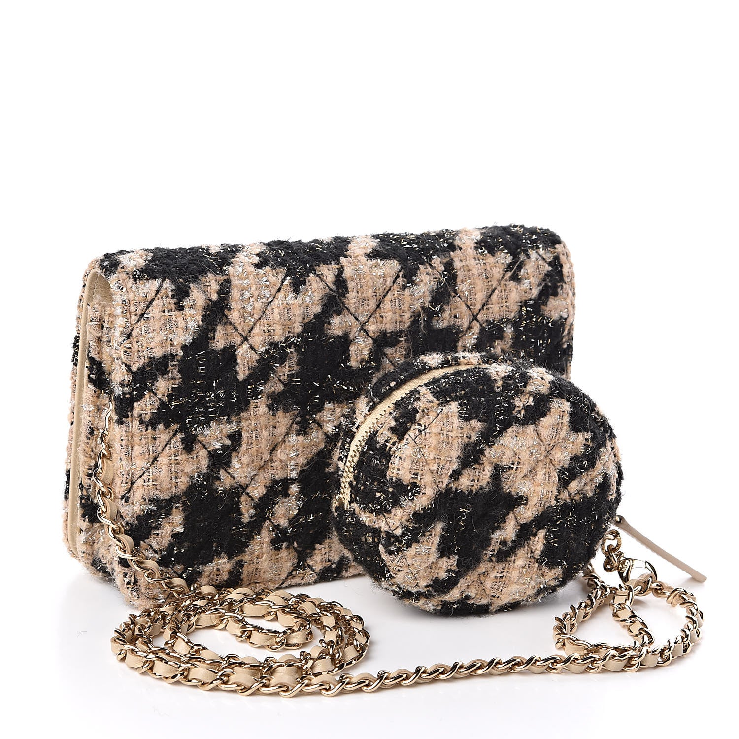 Chanel Tweed Shearling Quilted Wallet On Chain WOC and Coin Purse Beige Black 3 of 14