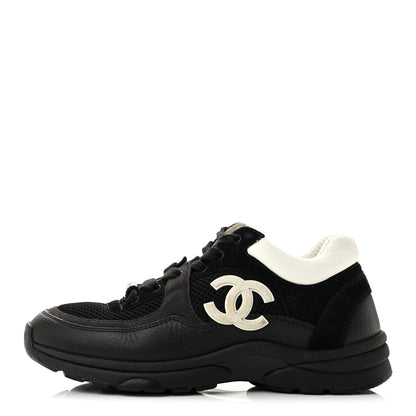 Chanel Mesh Suede Grained Calfskin Womens CC Sneakers 37 Black White 1 of 10