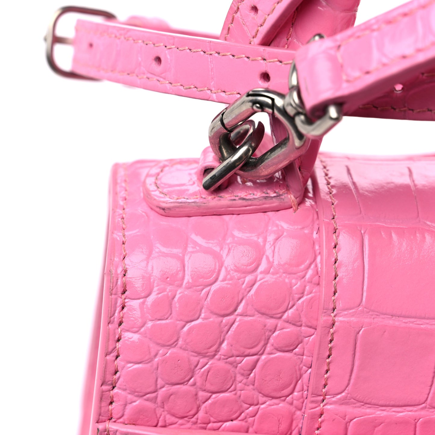 Shiny Calfskin Crocodile Embossed Small Hourglass Top Handle Bag Baby Pink