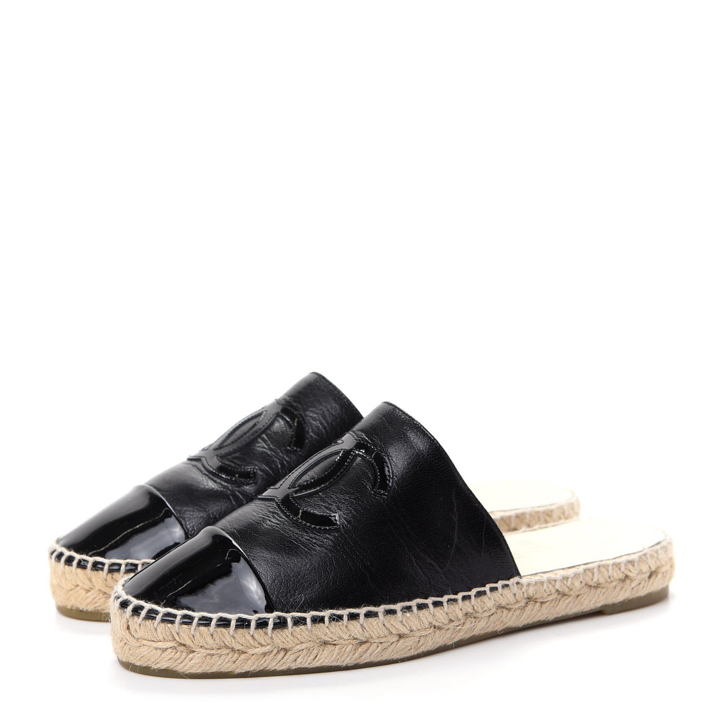 Goatskin Patent Calfskin CC Espadrille Mules 37 Black