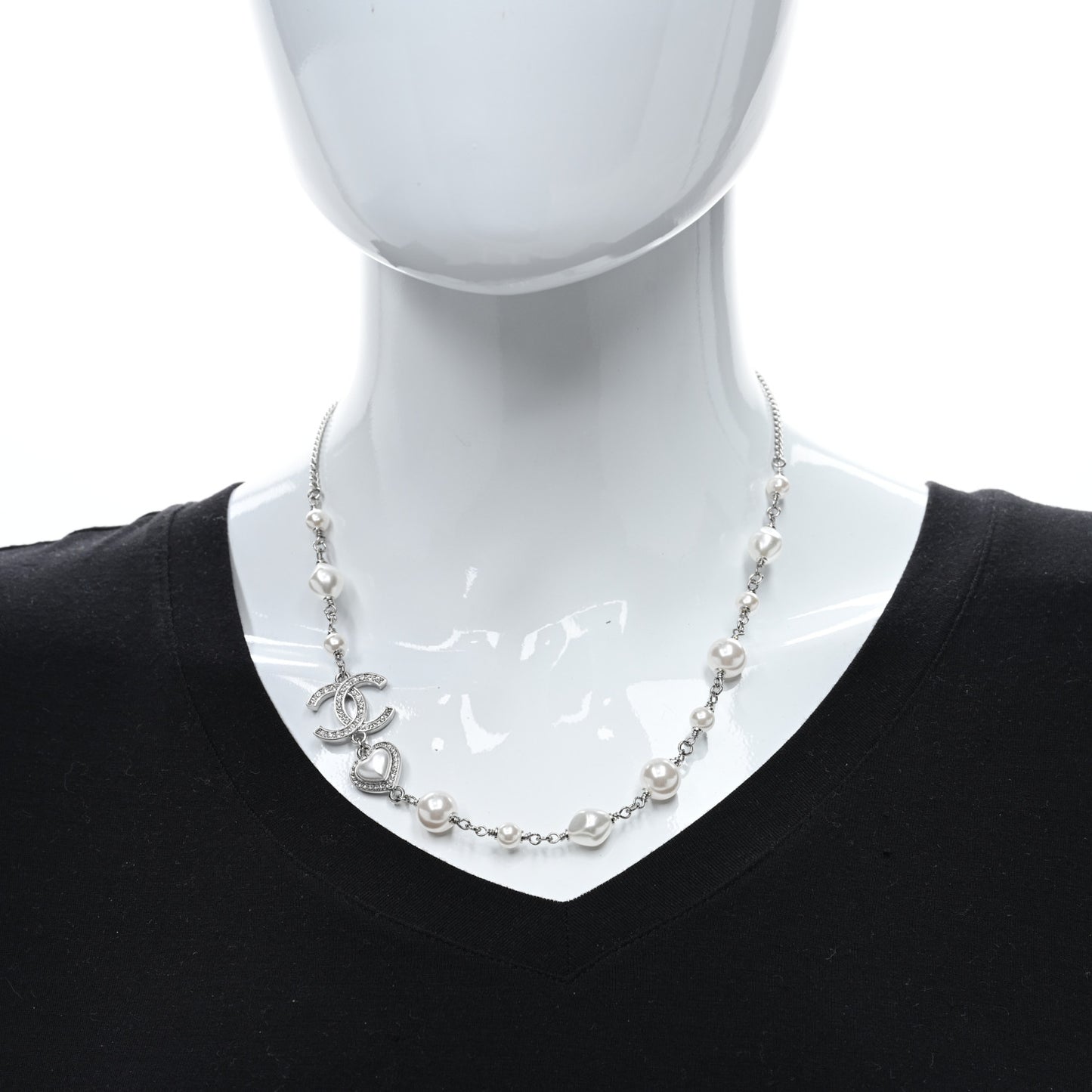 Pearl Crystal CC Heart Necklace Silver Pearly White