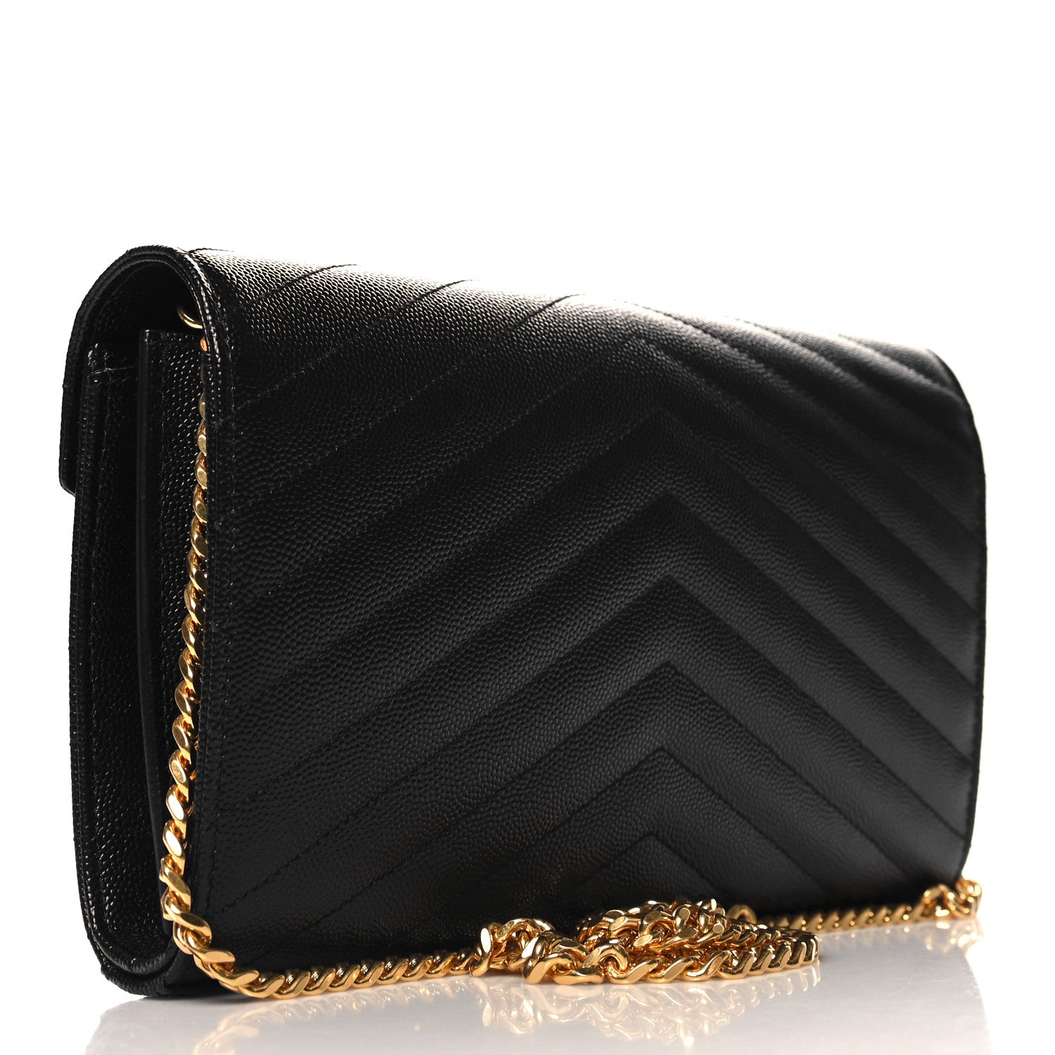 Saint Laurent Grain De Poudre Matelasse Chevron Monogram Chain Wallet Black 3 of 11