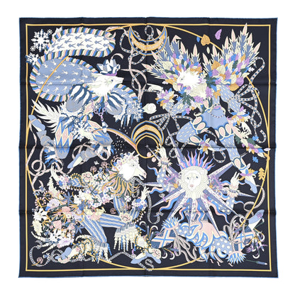 Hermes Silk Twill La Sacre Des Saisons Scarf 90 Bleu Black Ciel Rose 1 of 6