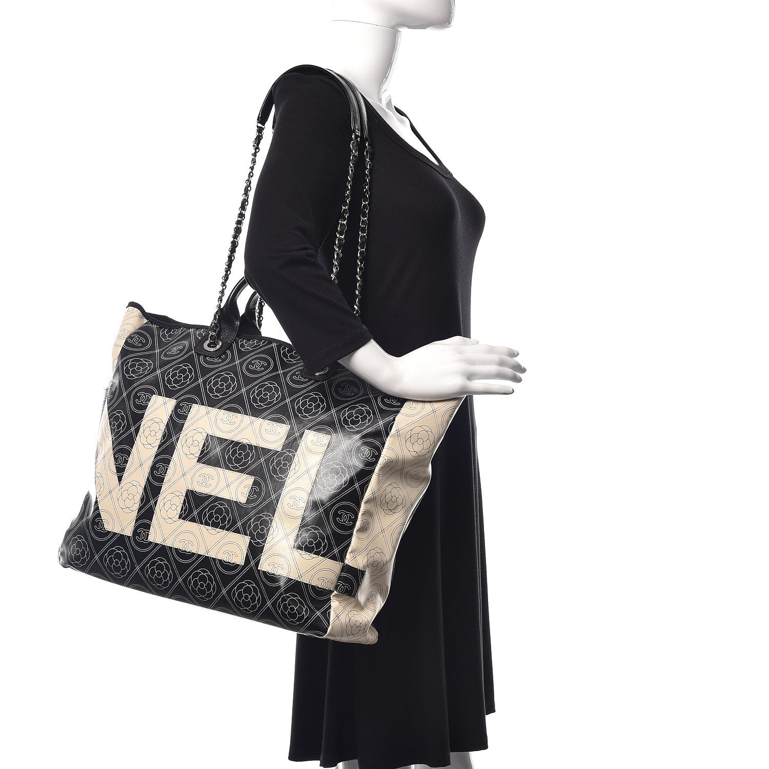 Chanel Coated Canvas Camellia Medium Shopping Tote Black Beige 2 of 14