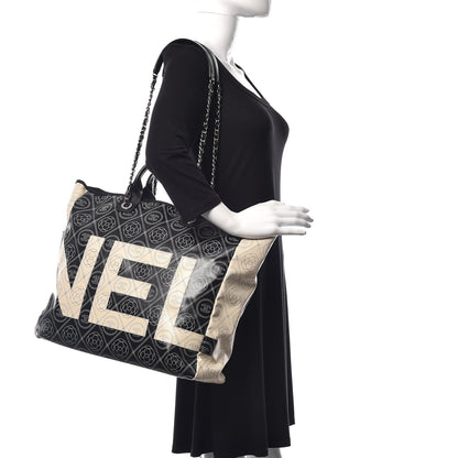 Chanel Coated Canvas Camellia Medium Shopping Tote Black Beige 2 of 14