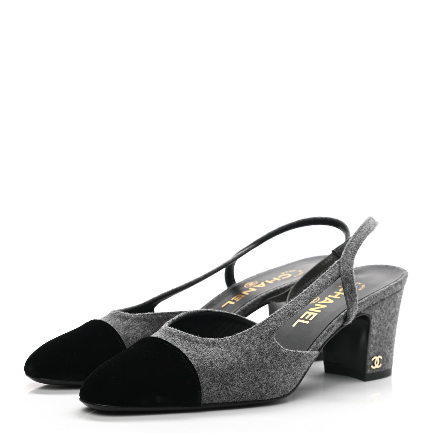 Wool Velvet Cap Toe CC Slingback Pumps 37.5 Black Grey