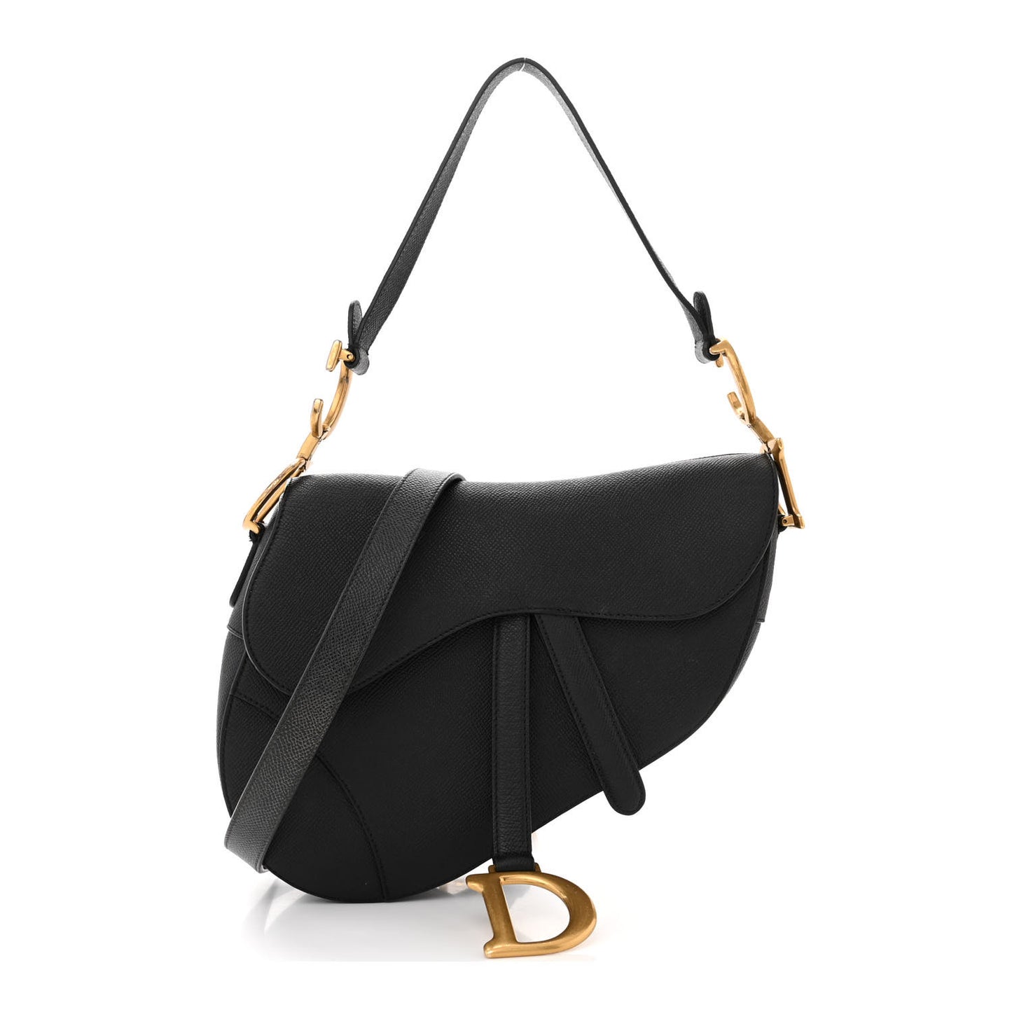 CHRISTIAN DIOR Grained Calfskin Saddle Bag With Strap Black