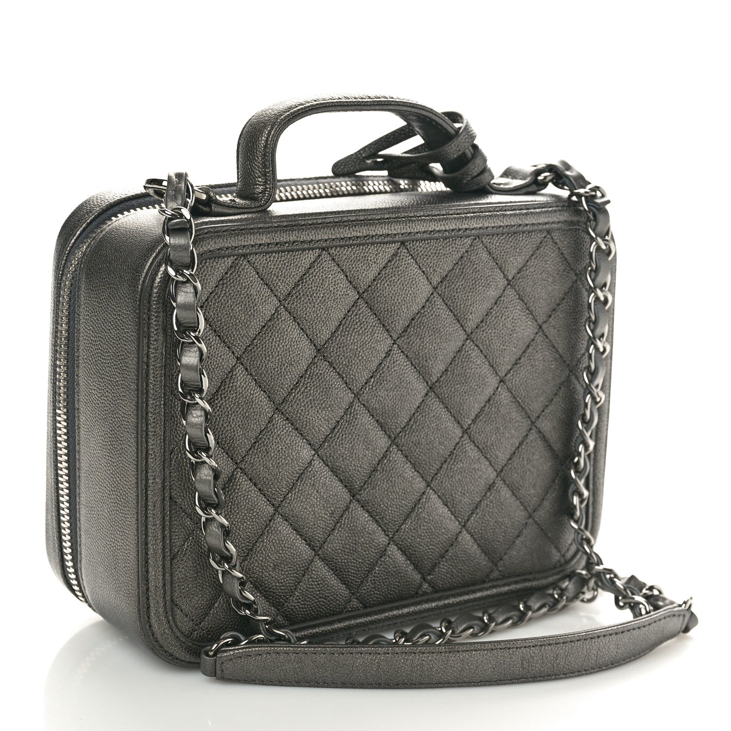 Chanel Metallic Caviar Quilted Medium CC Filigree Vanity Case Dark Silver 3 of 11