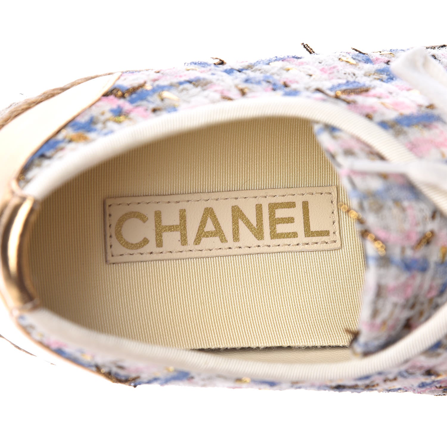 Chanel Tweed Laminated Lambskin Lace Up Espadrilles 37 Pink Blue Gold White 6 of 8