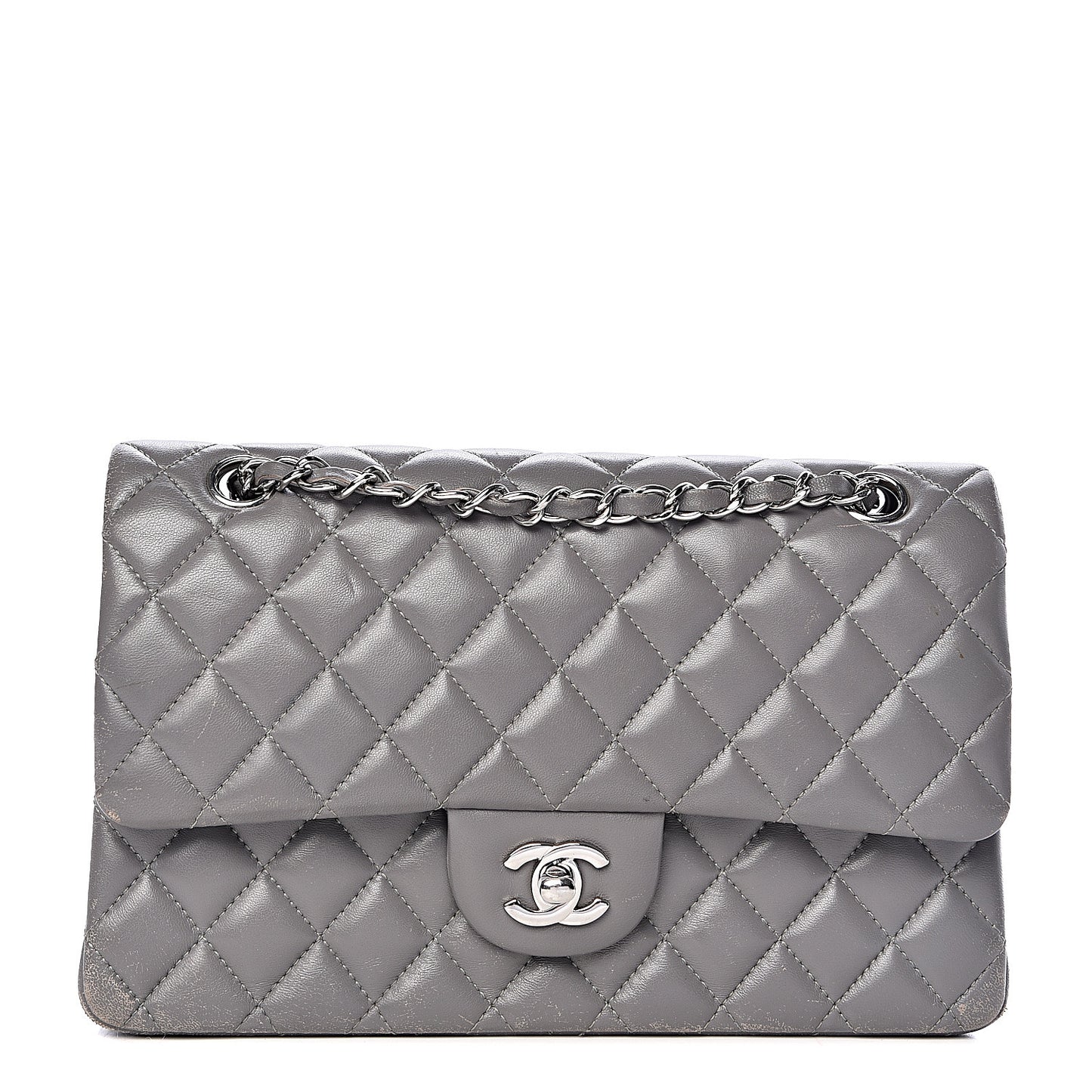 Lambskin Quilted Medium Double Flap Grey