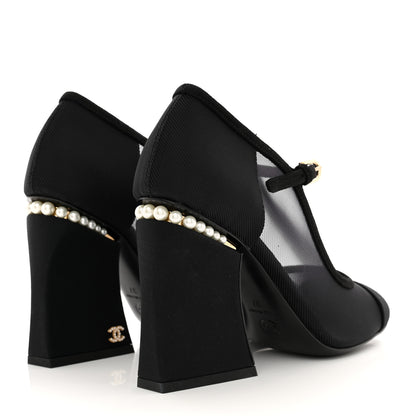 Chanel Mesh Suede Grosgrain Pearls Cap Toe Open Slingback Pumps 37 Black 4 of 9