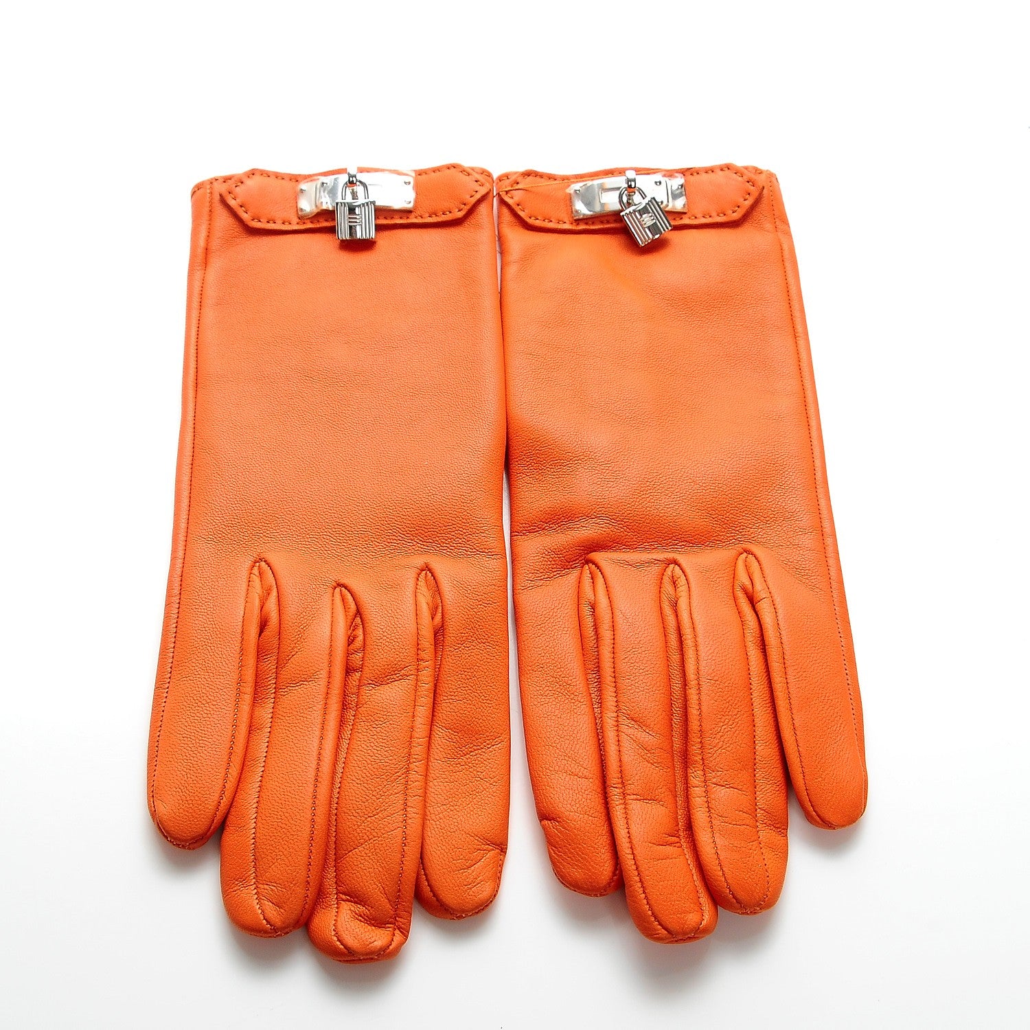 Hermes Lambskin Soya Kelly Lock Gloves 7 Orange 2 of 6