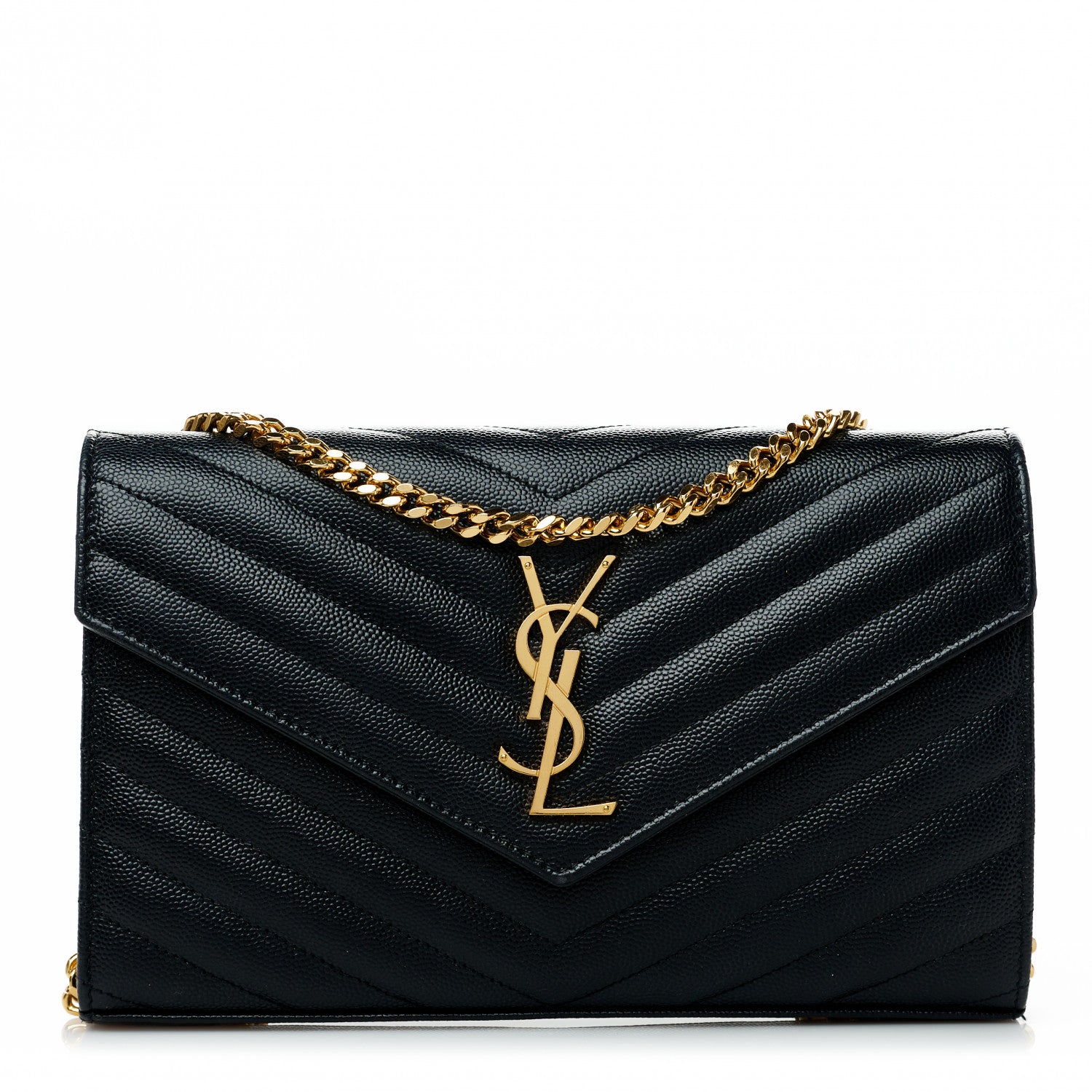 Saint Laurent Grain De Poudre Matelasse Chevron Monogram Chain Wallet Black 1 of 9