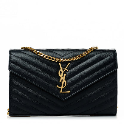 Saint Laurent Grain De Poudre Matelasse Chevron Monogram Chain Wallet Black 1 of 9