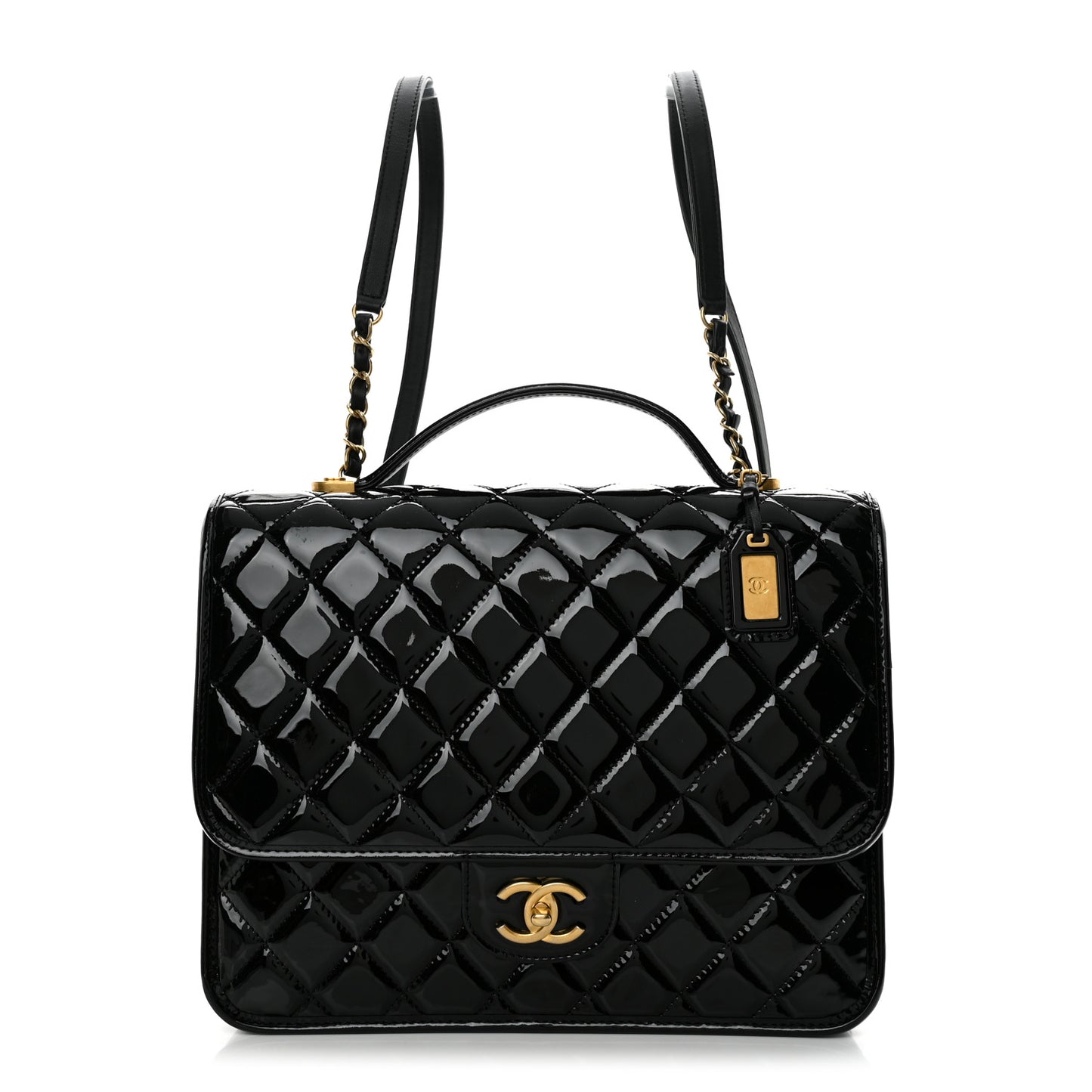 Patent Quilted Large School Memory Top Handle Flap Black