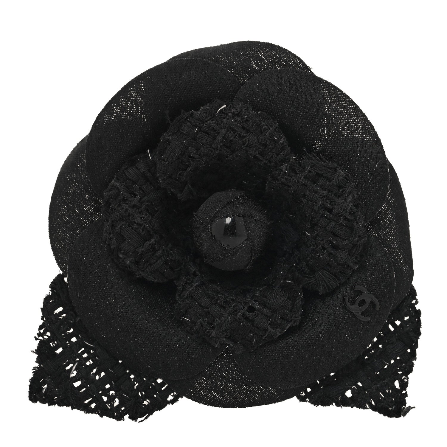 Chanel Tweed Fabric Camellia Pin Brooch Black 1 of 3