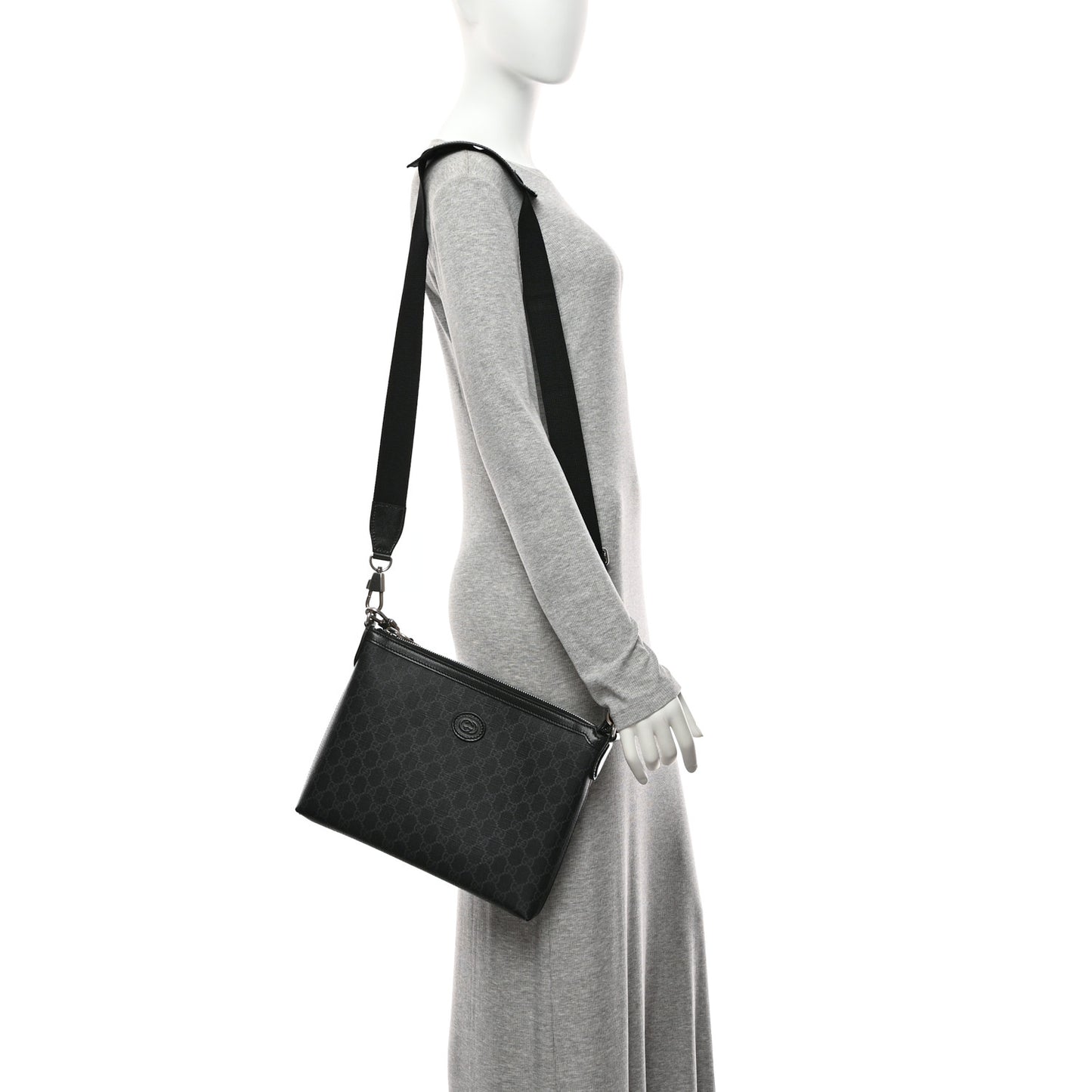 GG Supreme Monogram Azalea Calfskin Retro Interlocking G Wristlet Messenger Bag Black
