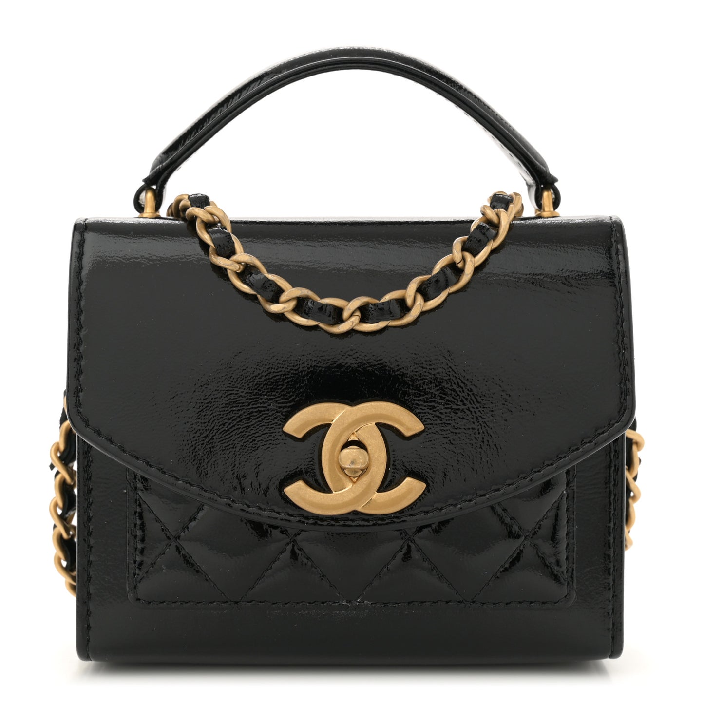 Shiny Lambskin Quilted Top Handle Card Holder On Chain Black