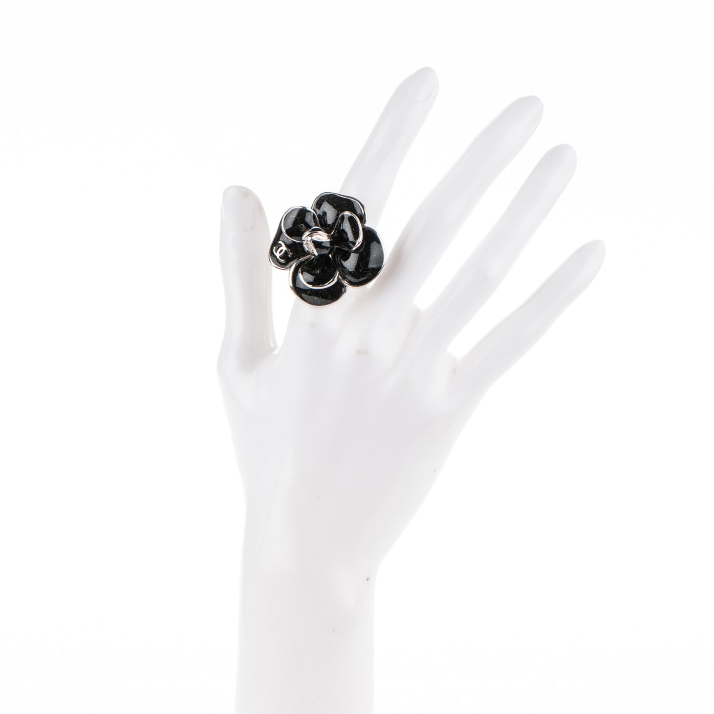 Enamel CC Camellia Ring 6.5 Black Silver