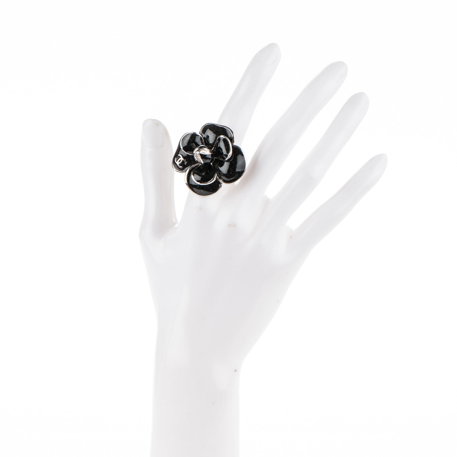 Chanel Enamel CC Camellia Ring 6.5 Black Silver 2 of 4