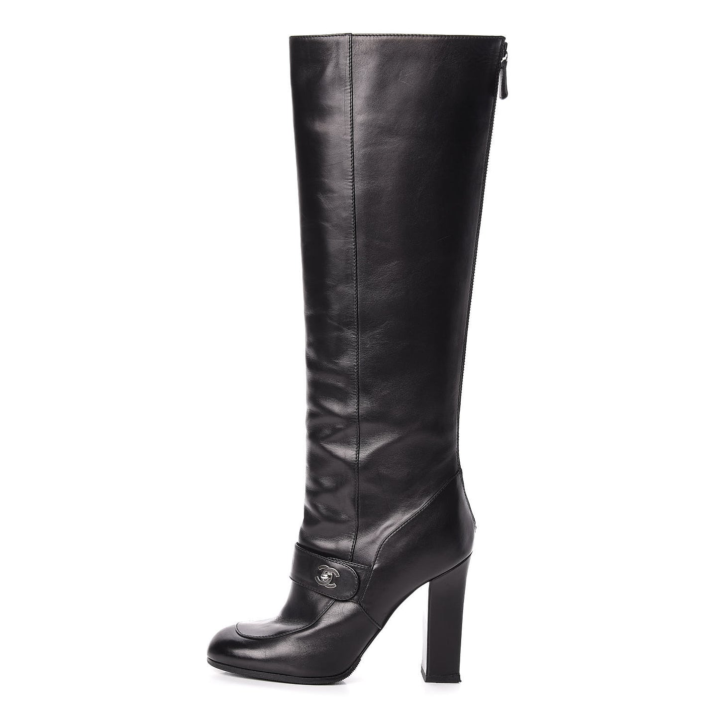 Calfskin CC Turnlock Knee High Boots 37.5 Black