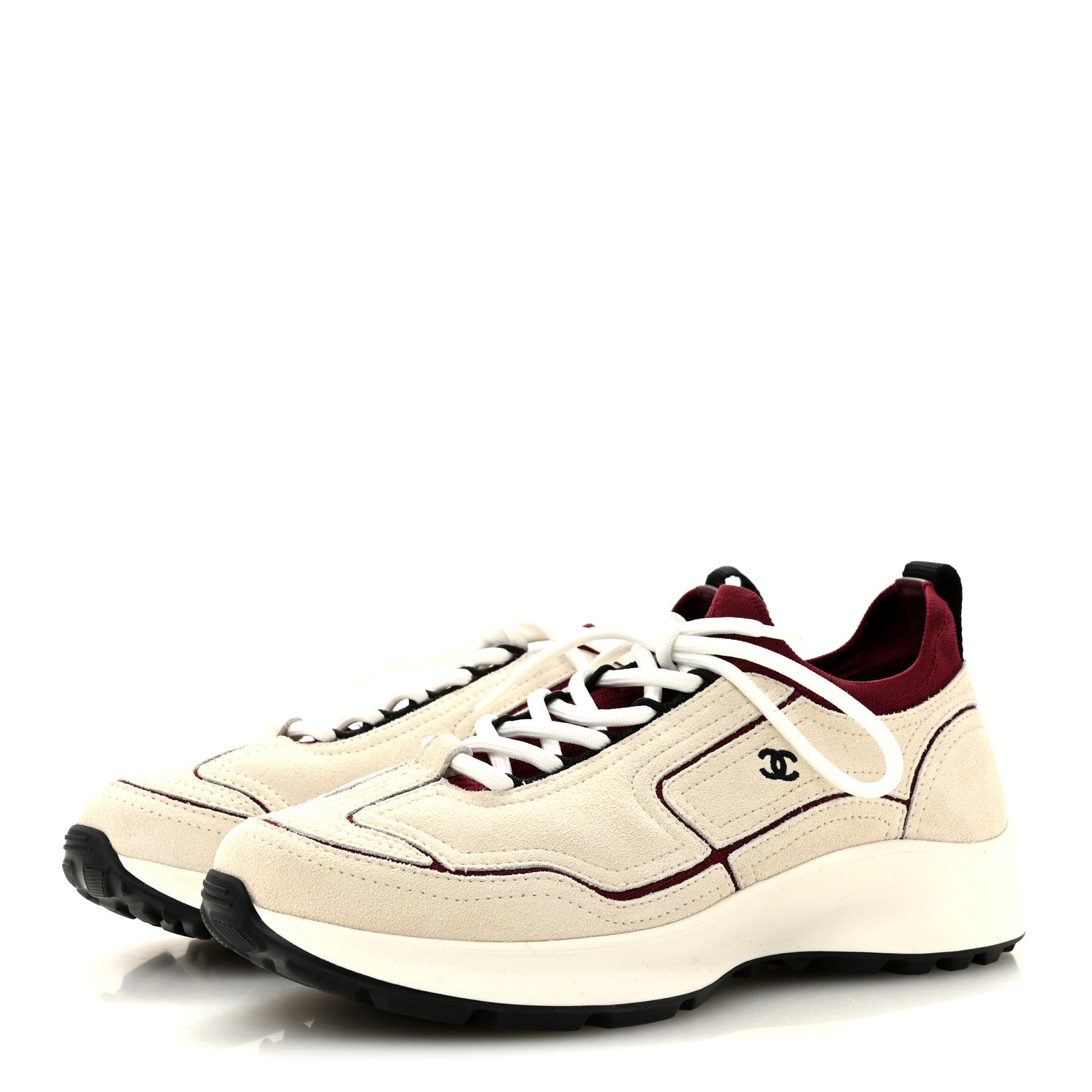 Chanel Suede Mixed Fibers Knit Womens CC Sneakers 38 Ivory Burgundy 4 of 9