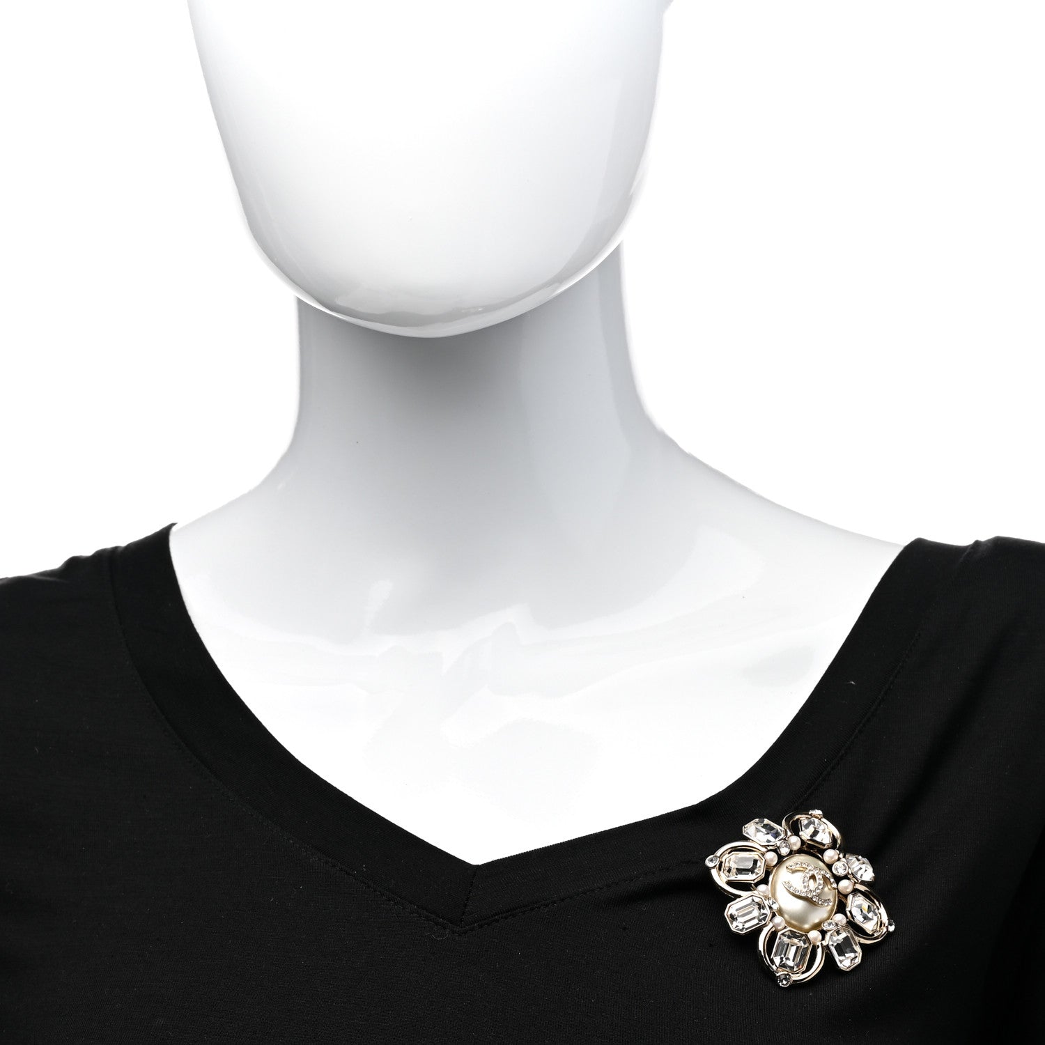 Chanel Pearl Crystal CC Brooch Pearly White Gold 2 of 5