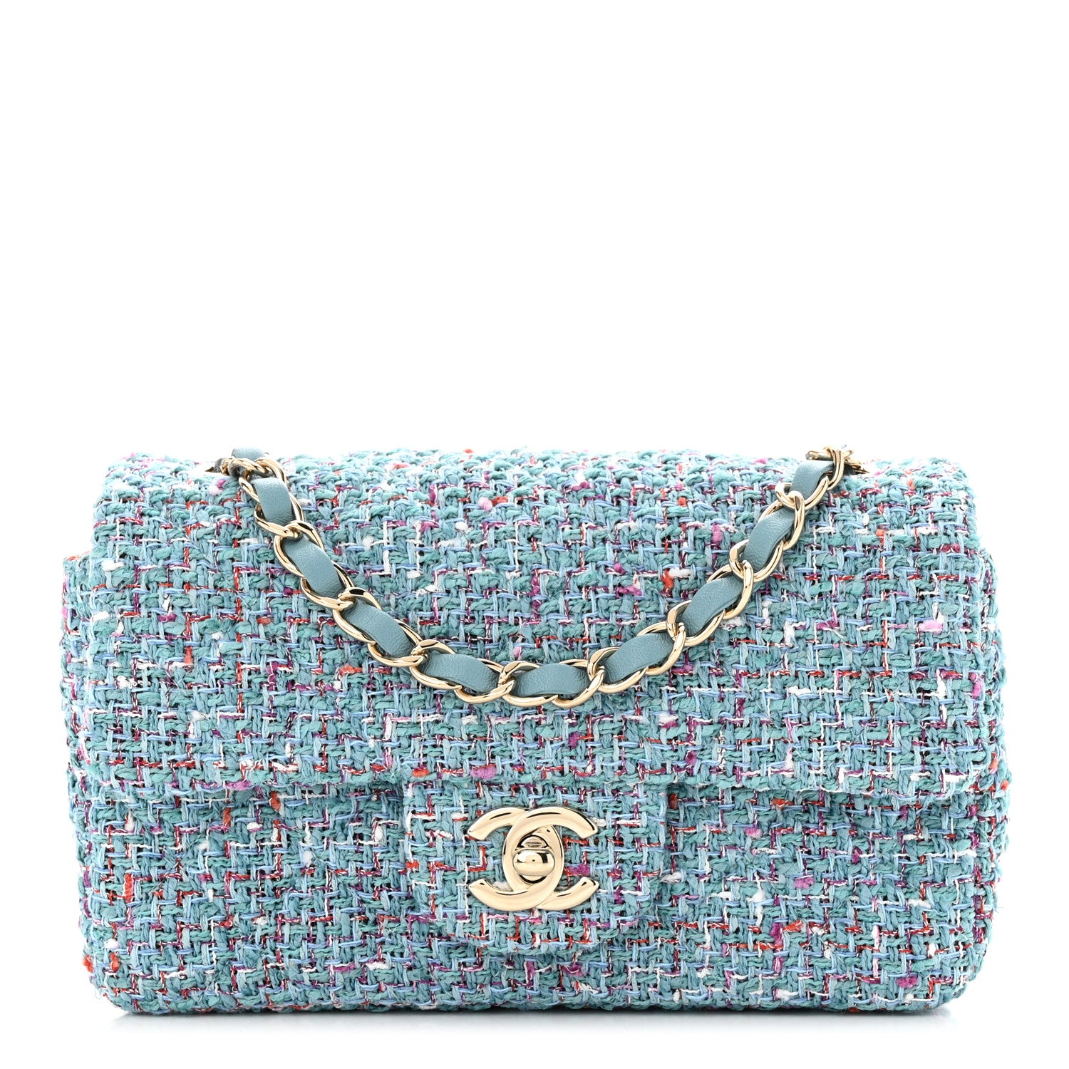 Chanel Tweed Quilted Mini Rectangular Flap Turquoise Purple White Red 1 of 12