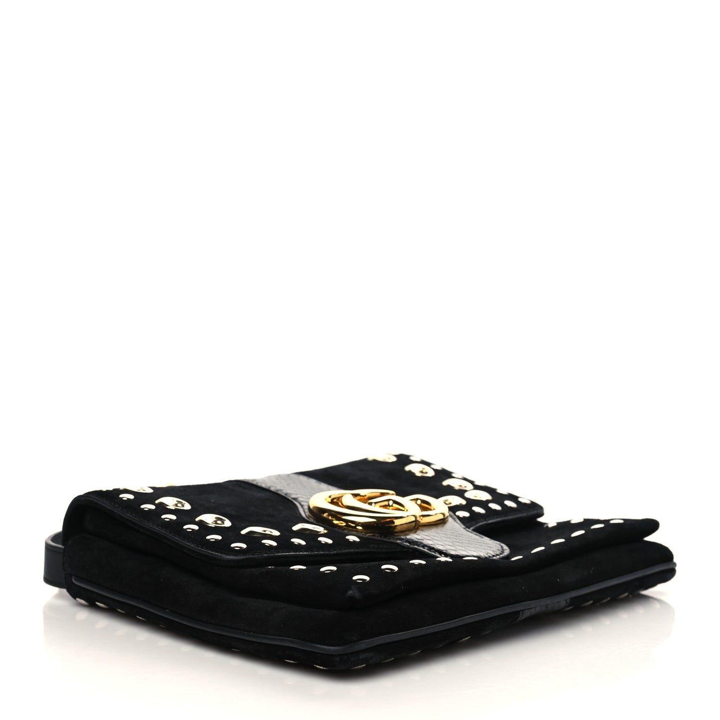 Suede Snakeskin Studded Medium Arli Flap Shoulder Bag Black