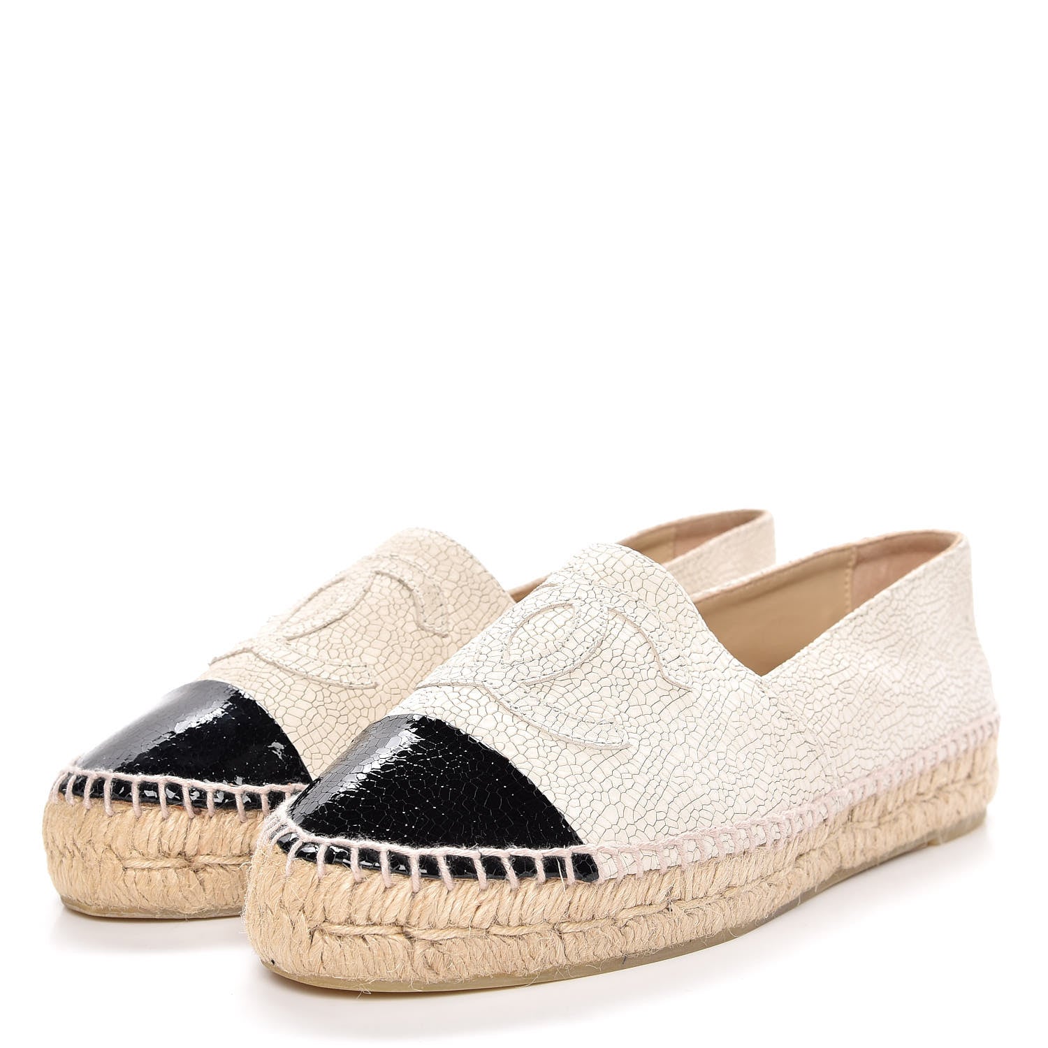 Chanel Crackled Calfskin Espadrilles 38 Beige Black 2 of 12