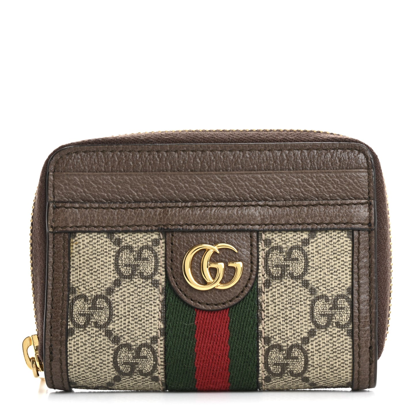 GG Supreme Monogram Textured Dollar Calfskin Web Ophidia Zip Around Card Case Wallet Beige Ebony New Acero