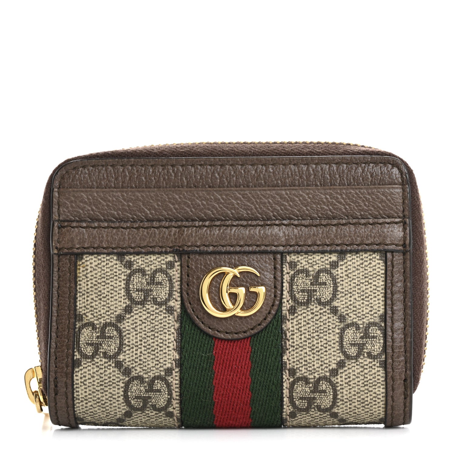Gucci GG Supreme Monogram Textured Dollar Calfskin Web Ophidia Zip Around Card Case Wallet Beige Ebony New Acero 1 of 10
