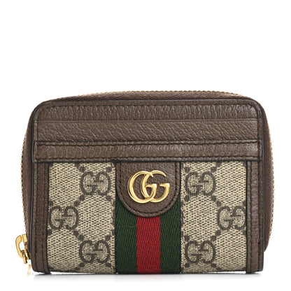 Gucci GG Supreme Monogram Textured Dollar Calfskin Web Ophidia Zip Around Card Case Wallet Beige Ebony New Acero 1 of 10