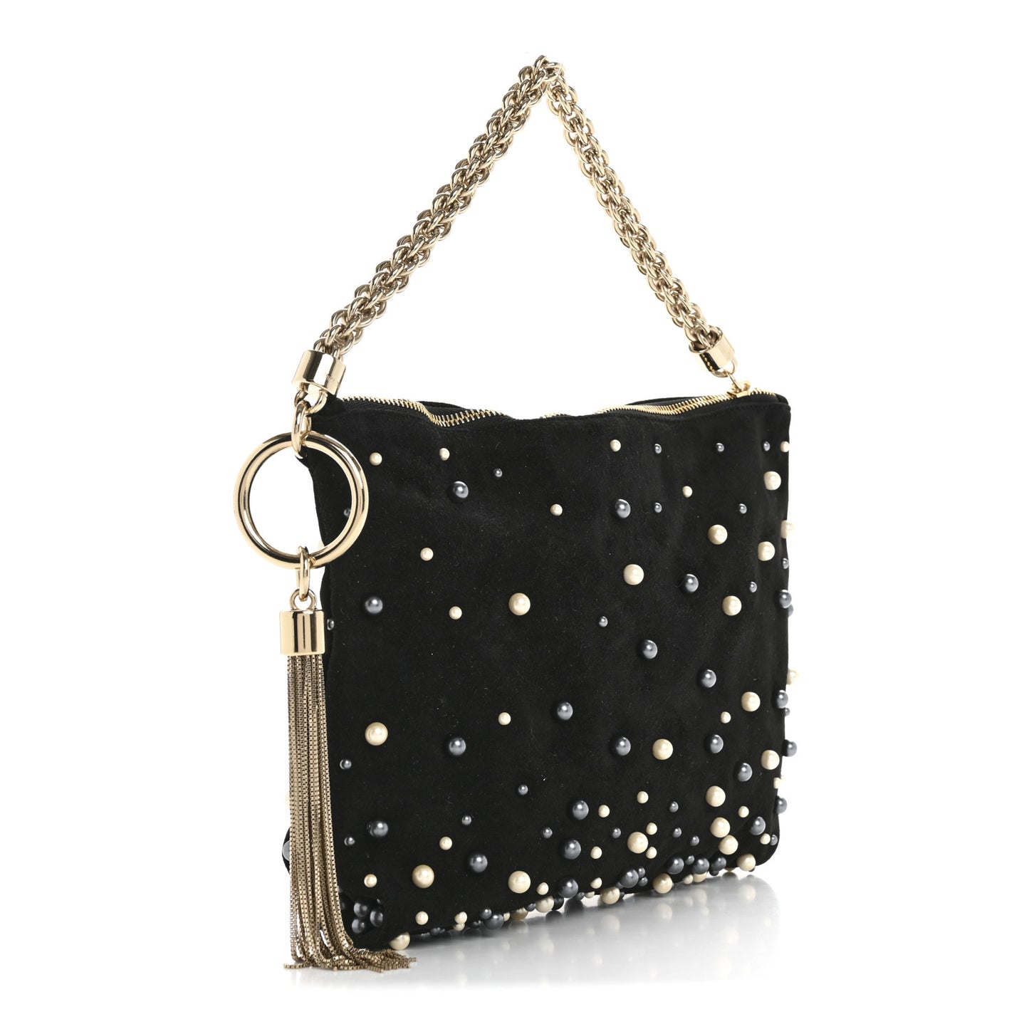 Suede Pearl Embellished Callie Tassel Clutch Bag Black