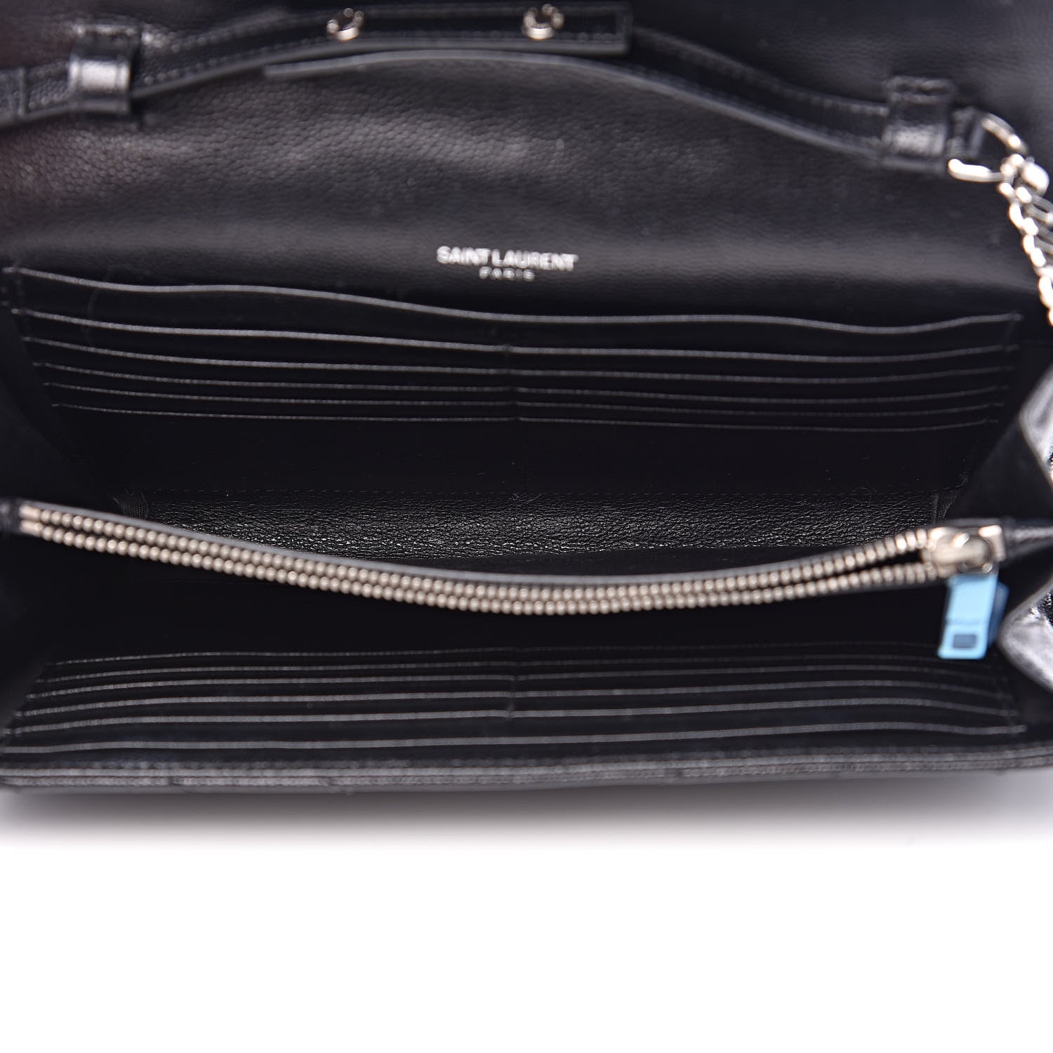 Saint Laurent Grain De Poudre Matelasse Chevron Bi-Color Monogram Chain Wallet White Black 6 of 16