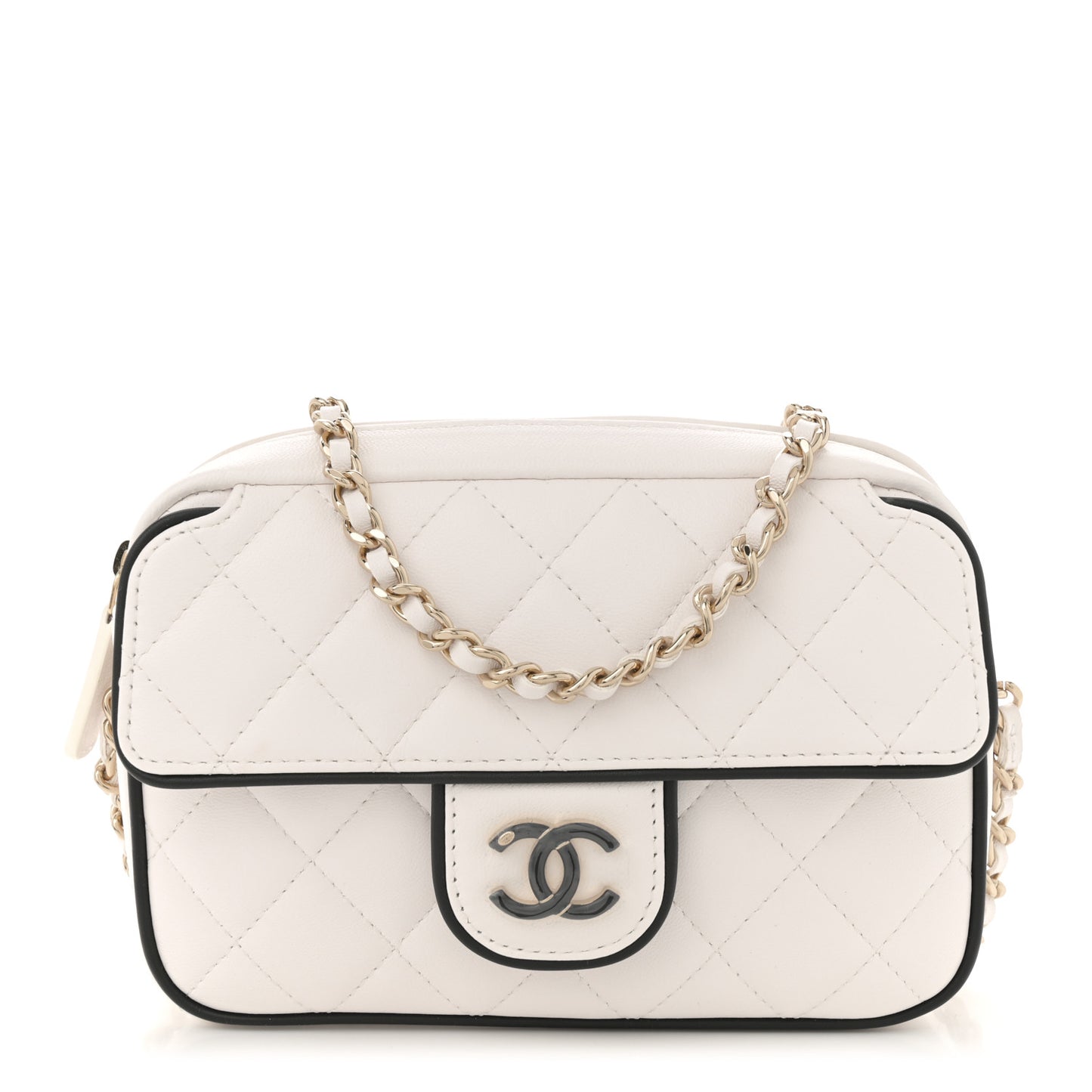 Lambskin Resin Quilted Chain Camera Bag White Black