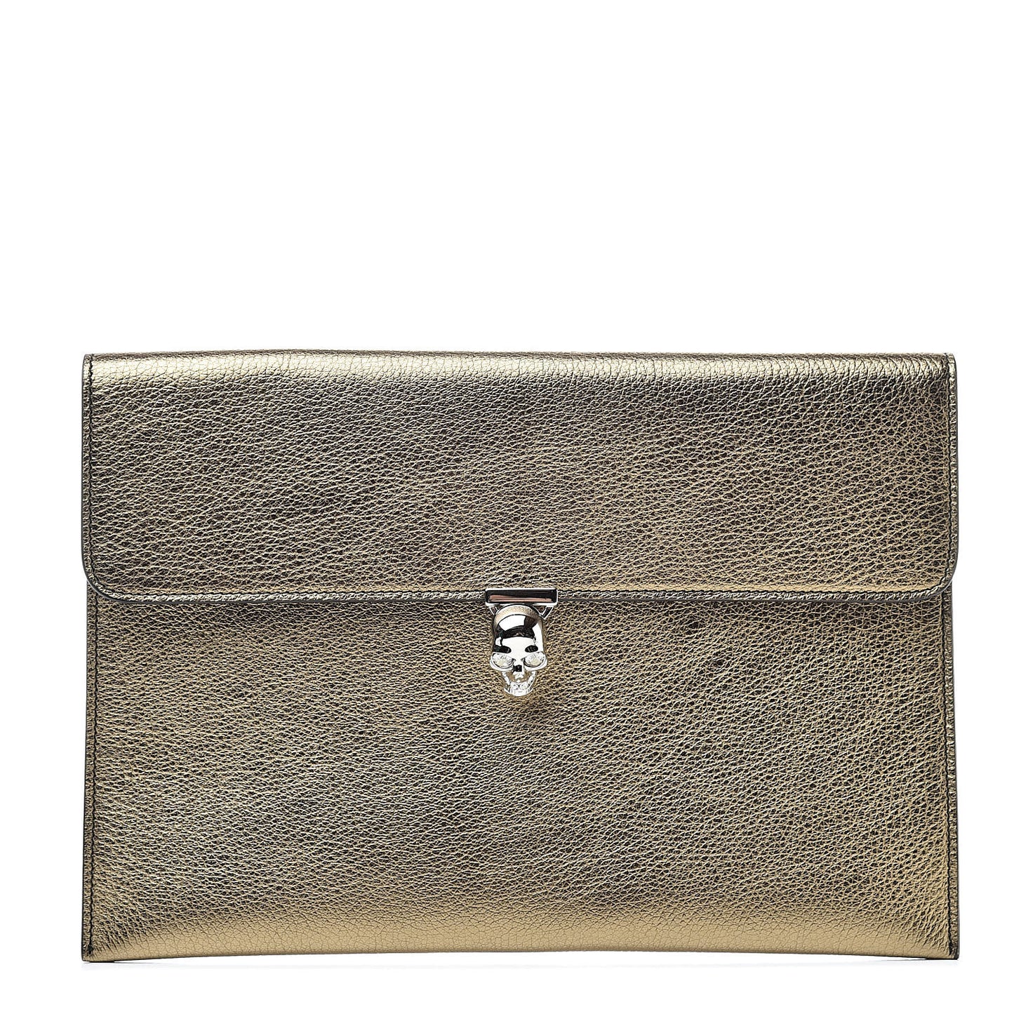 Metallic Calfskin Skull Envelope Clutch Gold