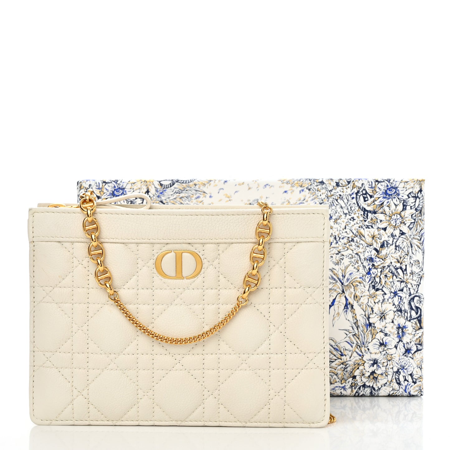 Calfskin Cannage Caro Zipped Pouch With Chain Latte