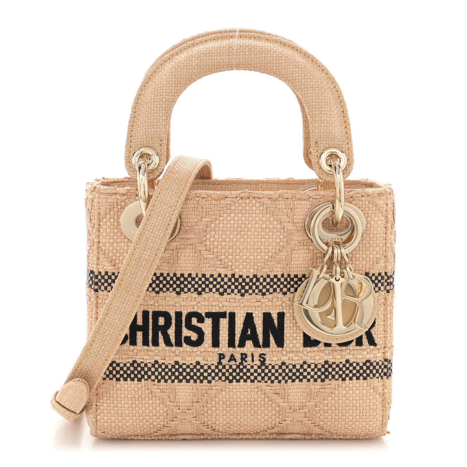Christian Dior Raffia Woven Cannage Embroidered Mini Lady D-Lite Natural Black 1 of 12
