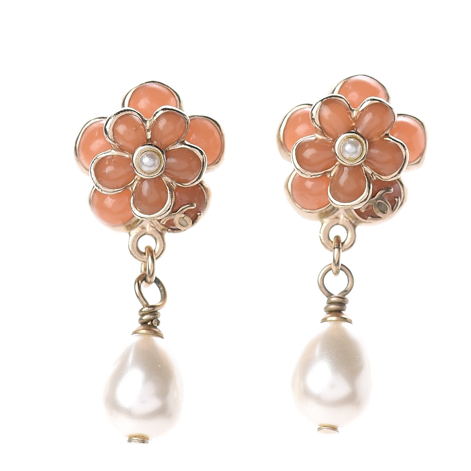 Chanel Enamel Pearl CC Flower Drop Earrings Gold Pink 1 of 4