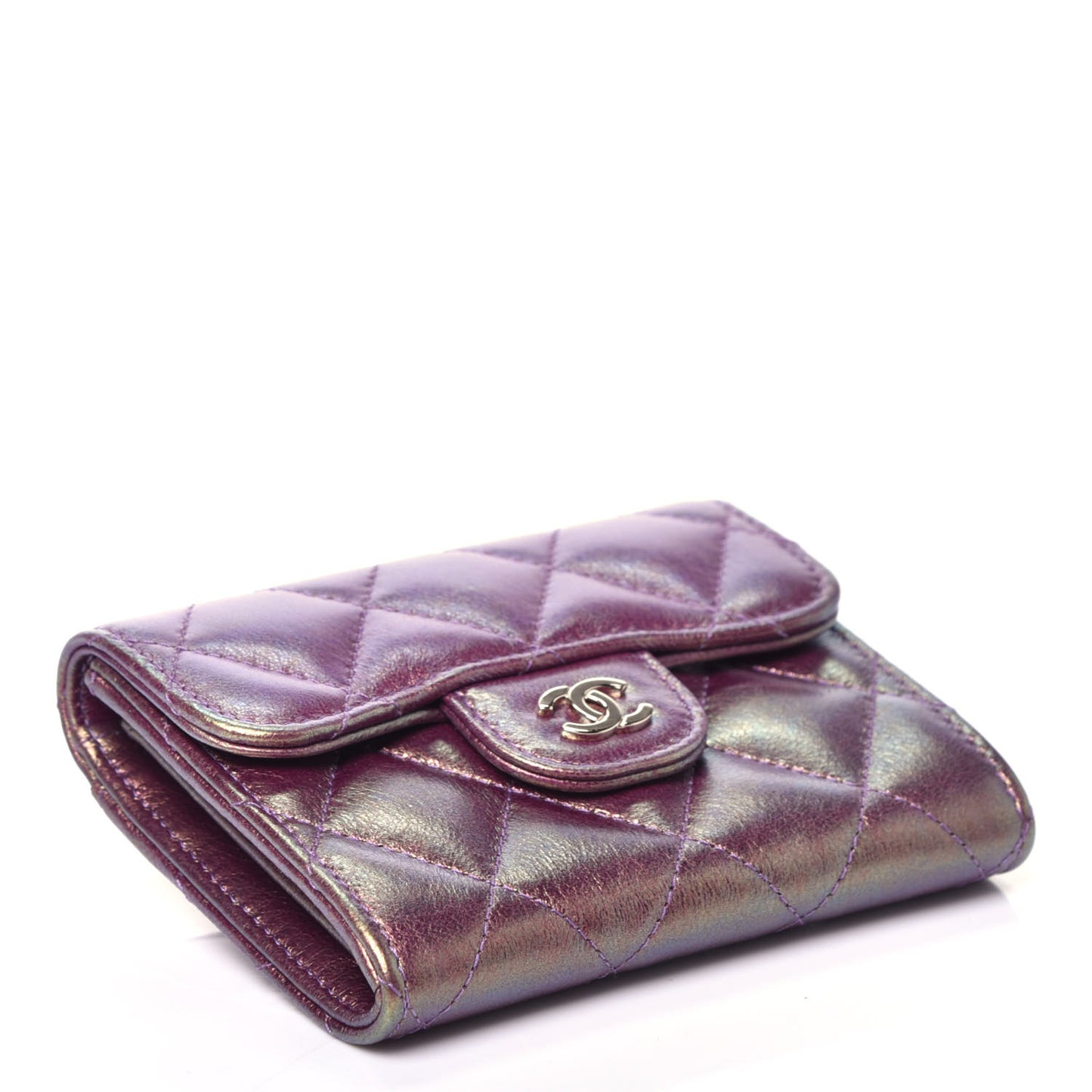 Iridescent Lambskin Quilted Flap Card Holder Purple