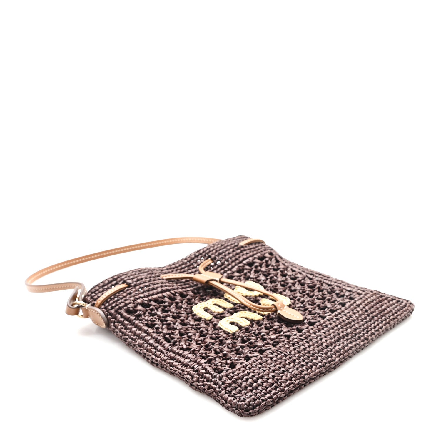 Miu Miu Raffia Crochet Drawstring Pouch Cacao Naturale 4 of 9